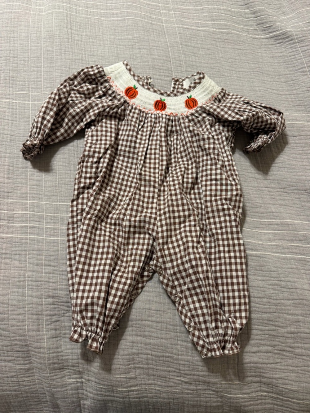 Marie Nicole Clothing Gingham Smocked Romper Embroidered Pumpkins Fall
